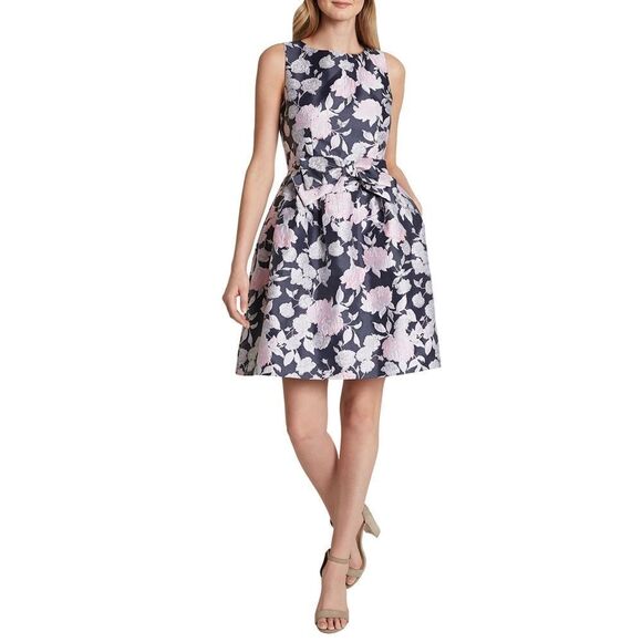 New! TAHARI ASL Women's Metallic Floral Jacquard Bow-Front Dress with Pockets 14 - Picture 1 of 2